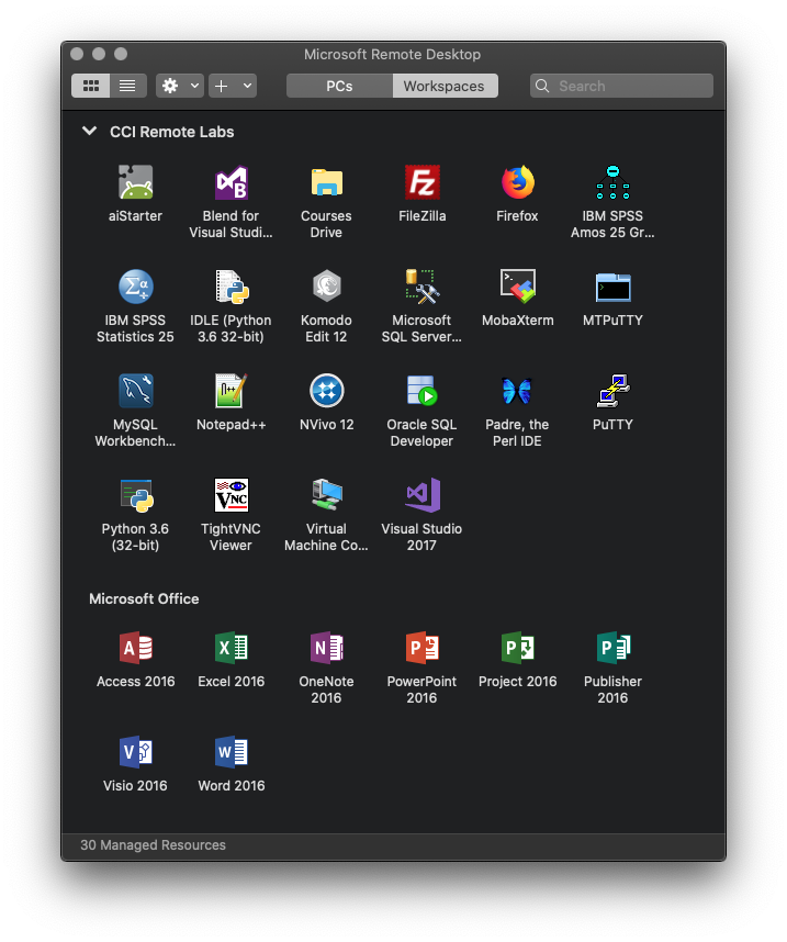 A screenshot of the Microsoft Remote Desktop App with Remote Labs applications